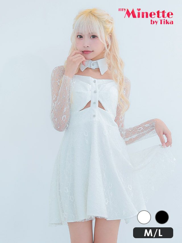新作★レースチョーカ風チラ見せミニ丈ドレス (M/Lサイズ) (向葵まる/キャバドレス着用) [myMinette/マイミネット]