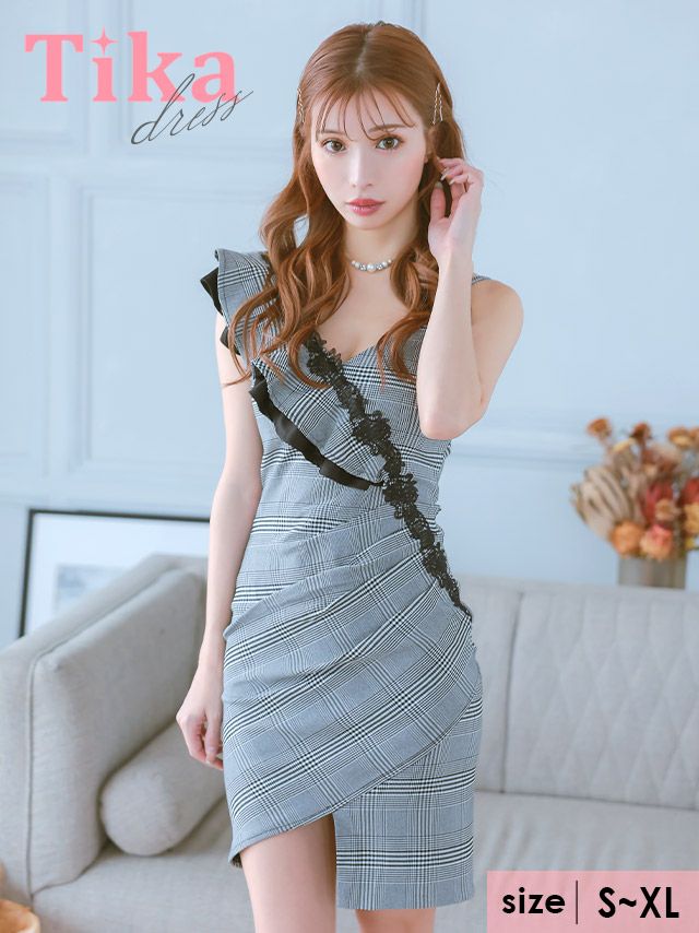 キャバドレス ミニ丈 大きいサイズ ワンピース キャバクラ ワンショルダーフリル袖グレンチェック柄ギャザーラップアシメタイトミニドレス