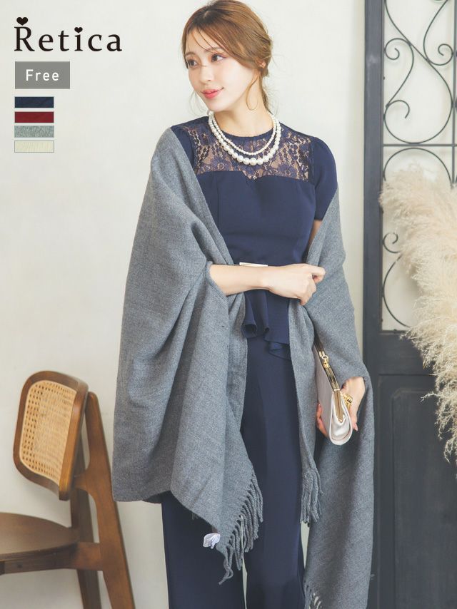 パーティードレス 羽織り ショール ストール カーディガン ボレロ フリンジ付きアームホールニット大判ショール