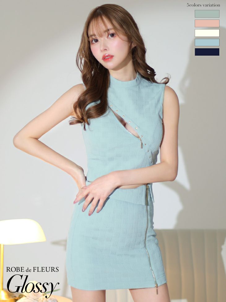 キャバドレス ブランドドレス ROBEdeFLEURSGlossy ローブドフルールグロッシー 高級ジップセットアップワンカラーノースリーブハイネックタイトミニドレス