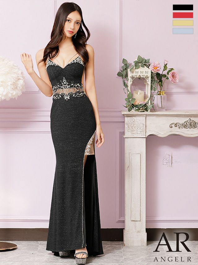 キャバドレス ロングドレス Angel-R エンジェルアール 高級キャミソールウエストカットスリットワンカラータイトロングドレス