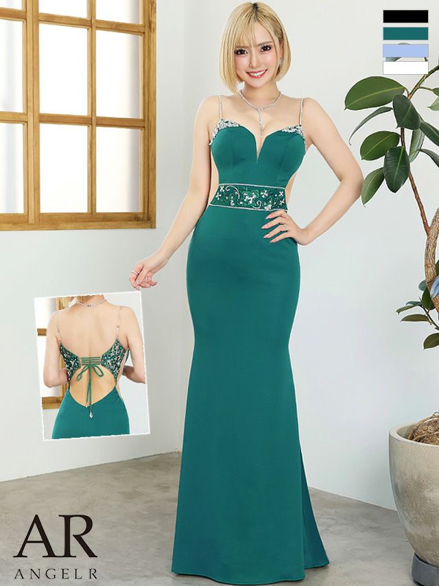 キャバドレス ロングドレス [Angel-R/エンジェルアール] 高級フラワースパンコールレース切替ウエストビジューバックレースアップキャミソールくびれタイトロングドレス