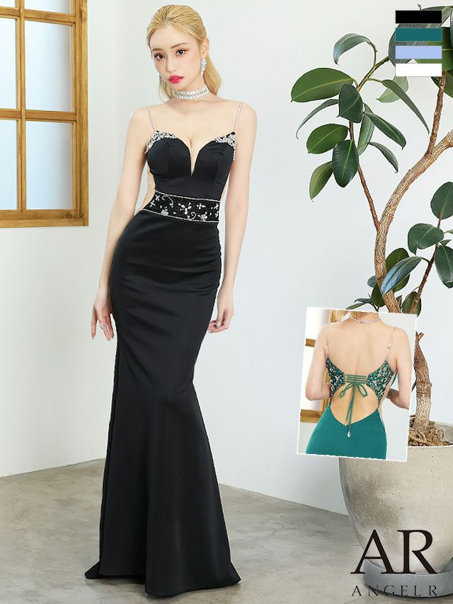 キャバドレス ロングドレス [Angel-R/エンジェルアール] 高級フラワースパンコールレース切替ウエストビジューバックレースアップキャミソールくびれタイトロングドレス