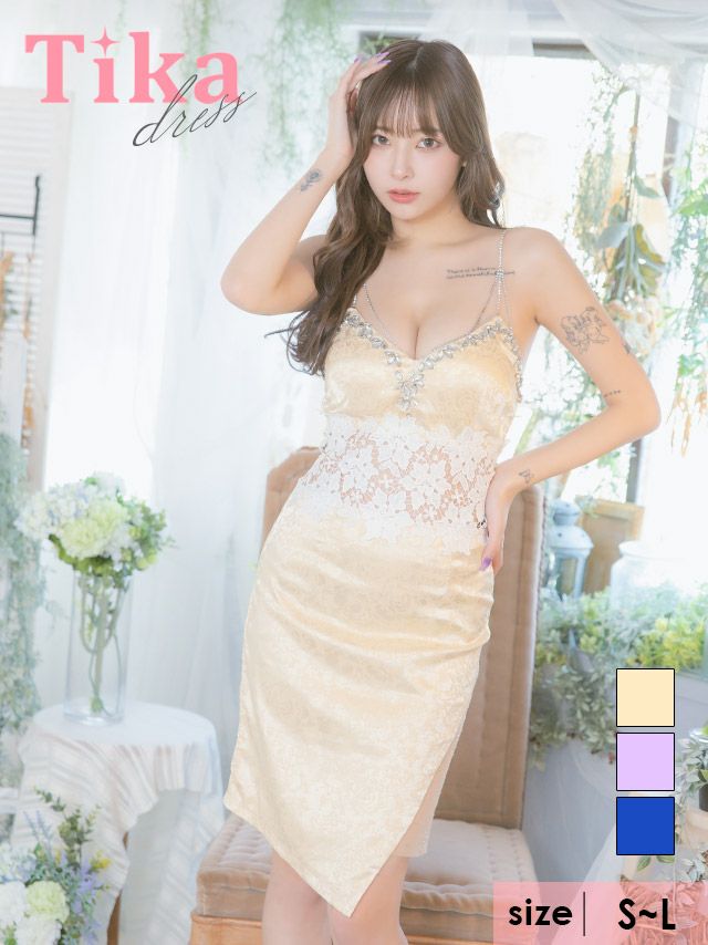 キャバドレス ミディアム丈 大きいサイズ キャバクラ ワンピース サテンジャガードフラワーキャミソールゴージャスビジューウエストカットレース切り替えアシメ膝丈タイトドレス