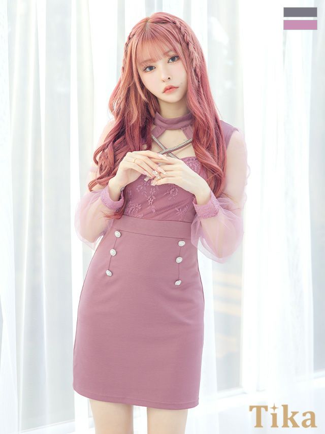 キャバドレス ミニ丈 大きいサイズ 袖あり キャバクラ ワンピース 長袖シアー切り替えクロスネックビジューネックビジューダブルボタンタイトミニドレス
