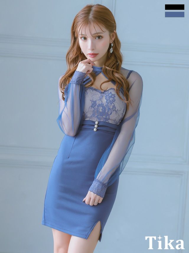 キャバドレス ミニ丈 大きいサイズ 袖あり キャバクラ ワンピース 長袖シアースリーブ切り替えフラワーレースバストカットタイトミニドレス