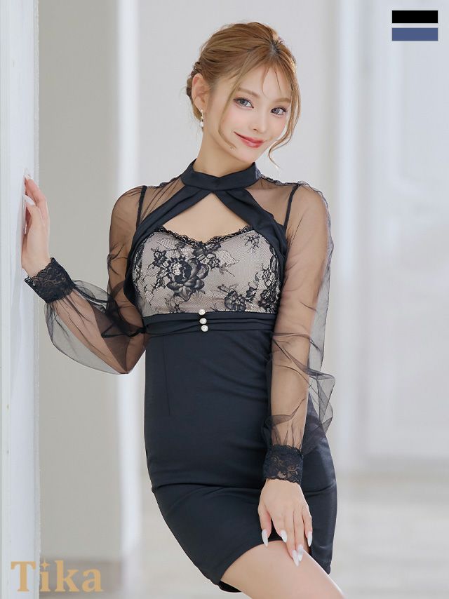 キャバドレス ミニ丈 大きいサイズ 長袖　シアー　ヌーディー　レース　切替　バストカットアウト　タイト　ミニ　ドレス