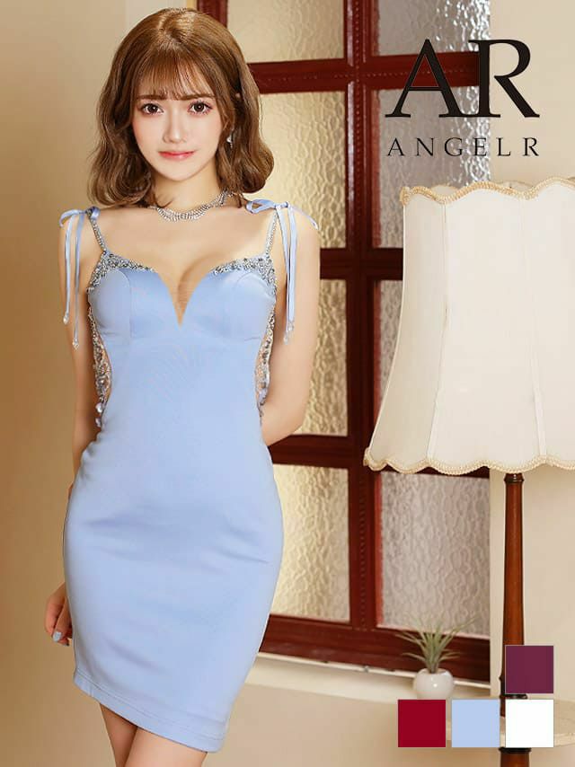 キャバドレス ミニドレス [Angel-R/エンジェルアール] 高級サイドスパンコール刺繍バストビジューシースルーアシメリボンキャミソールくびれタイトミニドレス
