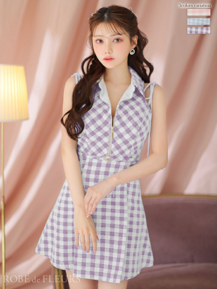 キャバドレス ミニドレス　[ROBEdeFLEURS/ローブドフルール] 高級アメリカンノースリーブツイードチェック柄襟付きフレアミニドレス