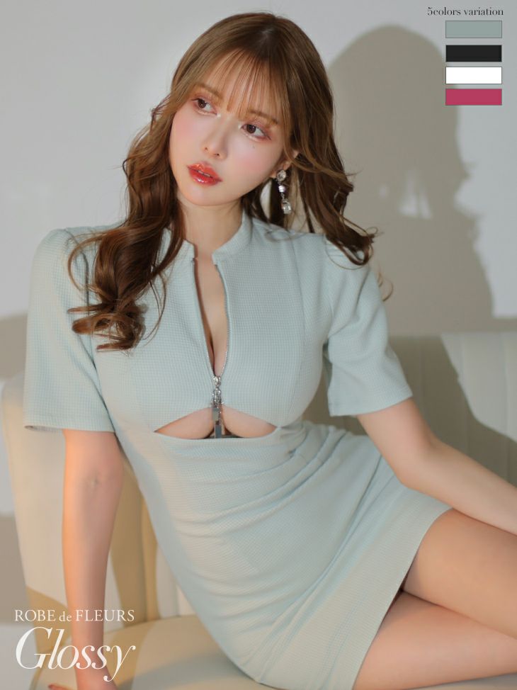 キャバドレス ミニドレス [ROBEdeFLEURSGlossy/ローブドフルールグロッシー] 高級スプリングツイードジップタイトミニドレス