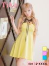 キャバドレス ミニ丈 大きいサイズ Aライン キャバクラ ワンピース ブラックレースネックリボンバストカットフレアミニドレス