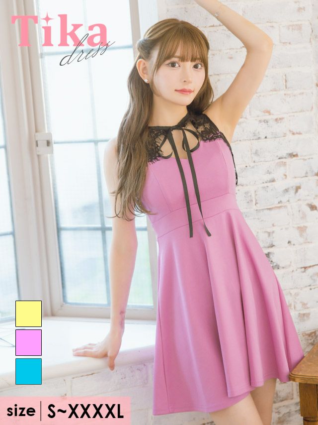 キャバドレス ミニ丈 Aライン 大きサイズ ワンピース キャバクラ ネックリボンブラックスカラップレース切り替えハートカットフレアミニドレス