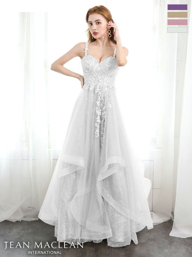 キャバドレス ロングドレス JEANMACLEAN　ジャンマクレーン 高級エレガント刺繍キャミソールスパンコールレースチュールロングバースデードレス