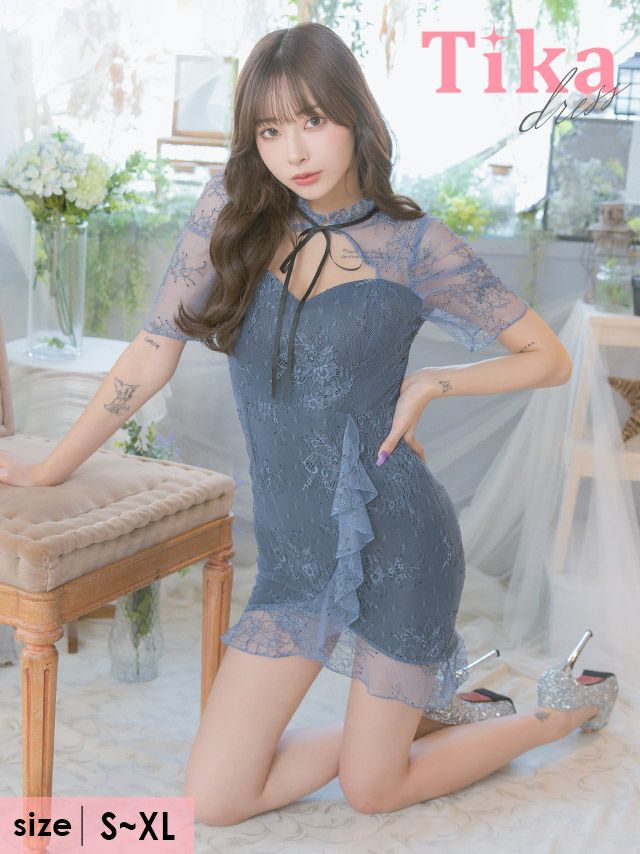 キャバドレス ミニ丈 大きいサイズ 五部袖 ワンピース 袖ありバストカットネックリボン総フラワーレースフリルラップ風タイトミニドレス