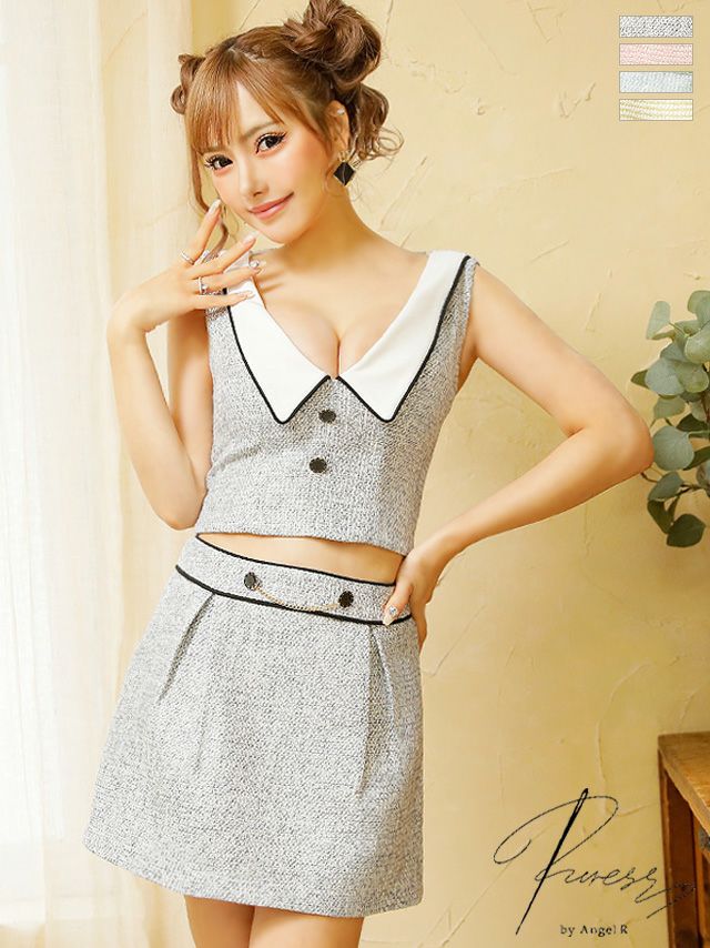 キャバドレス ミニドレス [PURESS/ピュアレス] 高級ノースリーブベルトセットアップツイードタイトミニドレス