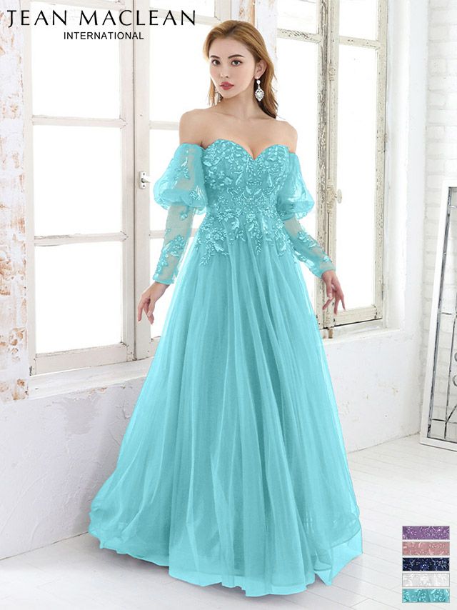 キャバドレス ミニドレス [JEANMACLEAN/ジャンマクレーン] 高級シアー長袖パフスリーブ付きフラワー刺繍レースボリュームチュールロングバースデードレス