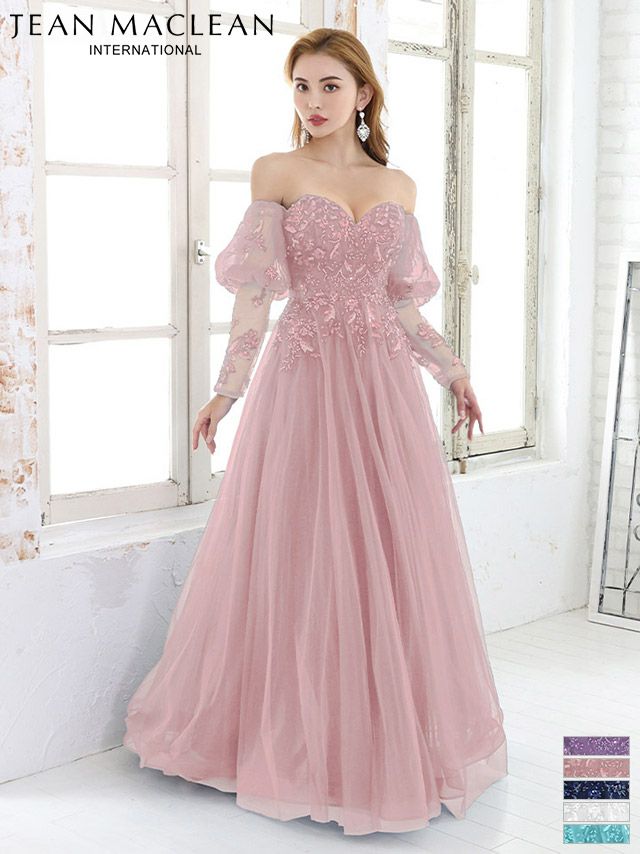 キャバドレス ミニドレス [JEANMACLEAN/ジャンマクレーン] 高級シアー長袖パフスリーブ付きフラワー刺繍レースボリュームチュールロングバースデードレス