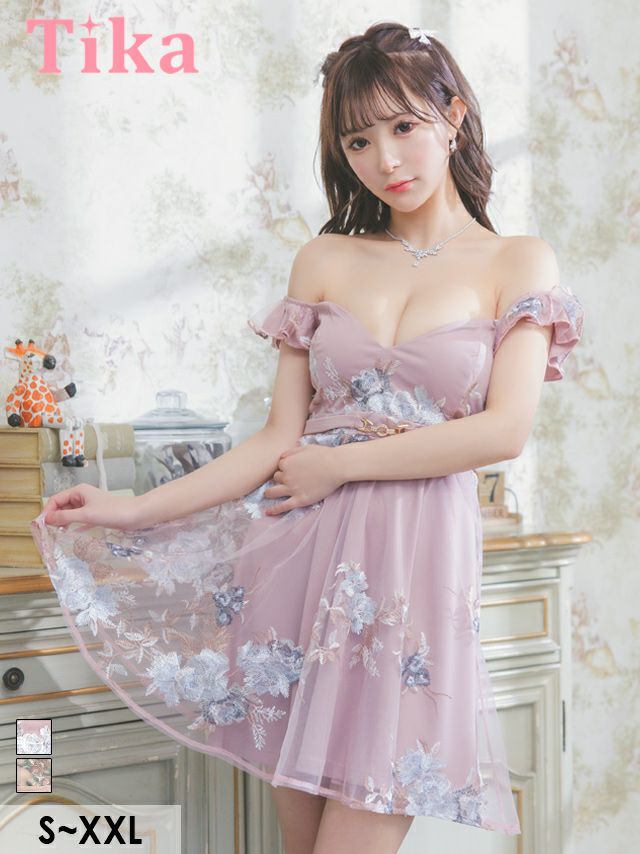 ウエストベルト付きハートカットオフショルダーシアーフラワーフレアミニドレス (Sサイズ～XXLサイズ) (聖菜/キャバドレス着用)