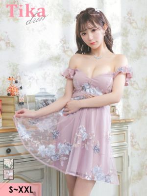 ウエストベルト付きハートカットオフショルダーシアーフラワーフレアミニドレス (Sサイズ～XXLサイズ) (聖菜/キャバドレス着用)