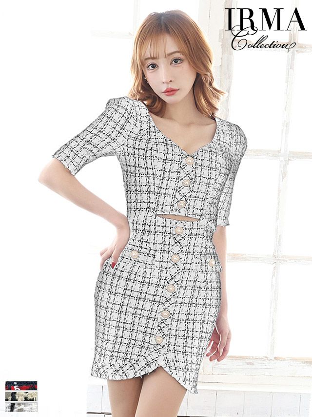 キャバドレス ミニドレス [IRMA/イルマ] 高級ツイードチェック柄ウエストカット袖ありタイトミニドレス