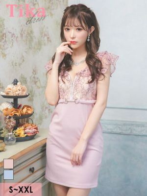 フラワーレース バストジップ ウエストベルト 半袖 フリル袖 タイトミニドレス (Sサイズ～XXLサイズ) (聖菜/キャバドレス着用)