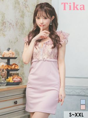 フラワーレース バストジップ ウエストベルト 半袖 フリル袖 タイトミニドレス (Sサイズ～XXLサイズ) (聖菜/キャバドレス着用)