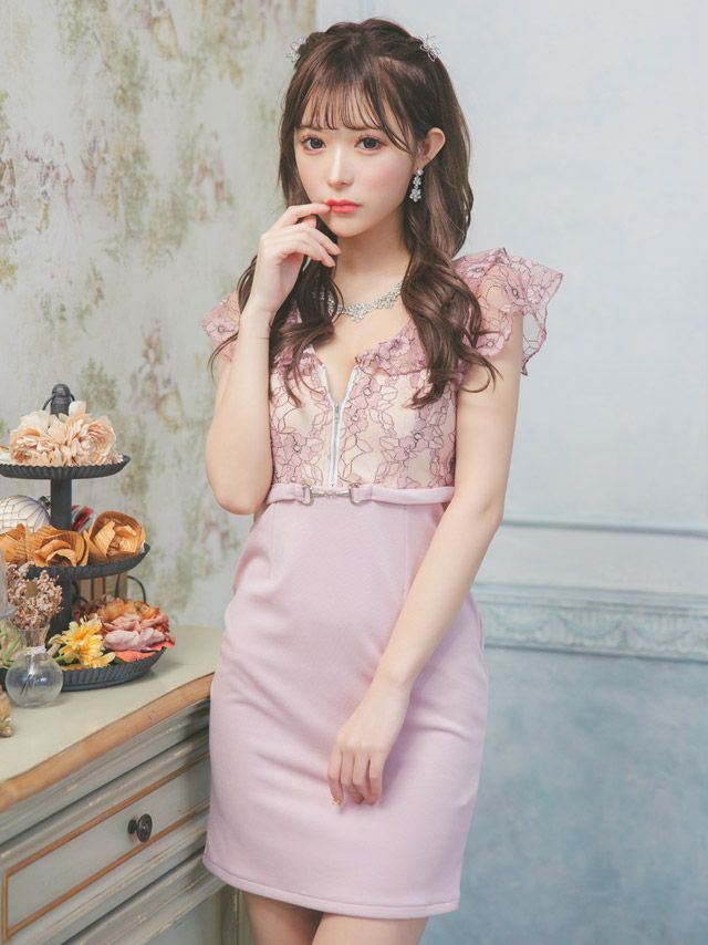 フラワーレース バストジップ ウエストベルト 半袖 フリル袖 タイトミニドレス (Sサイズ～XXLサイズ) (聖菜/キャバドレス着用)