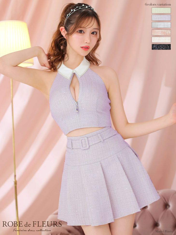 キャバドレス ミニドレス [ROBEdeFLEURS/ローブドフルール] 高級襟デザインバストジップラメツイードホルターネックセットアッププリーツフレアミニドレス