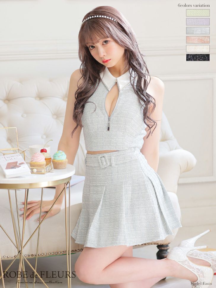 キャバドレス ミニドレス [ROBEdeFLEURS/ローブドフルール] 高級襟デザインバストジップラメツイードホルターネックセットアッププリーツフレアミニドレス