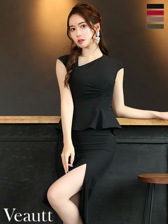 キャバドレス ミニドレス [Veautt/ヴュート] 高級クロスギャザーペプラムスリットノースリーブタイト膝丈ドレス