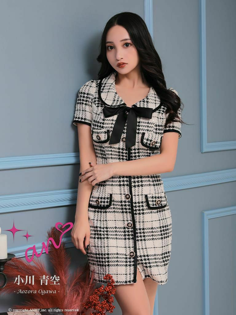 キャバドレス ミニドレス [an/アン] 高級ネックリボン丸襟デザインチェック柄ツイード半袖タイトミニドレス
