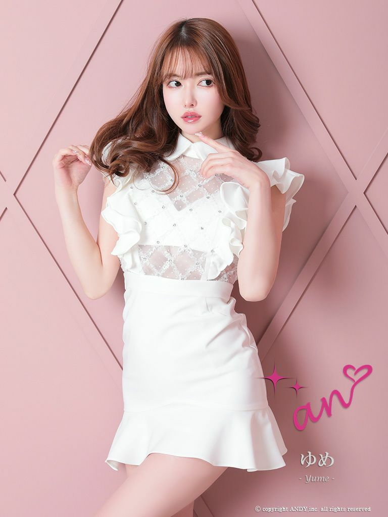 キャバドレス ミニドレス [an/アン] 高級襟付きデコルテシースルービジューウエスト切替フリルノースリーブタイトミニドレス