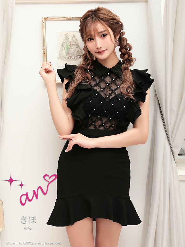 キャバドレス ミニドレス [an/アン] 高級襟付きデコルテシースルービジューウエスト切替フリルノースリーブタイトミニドレス