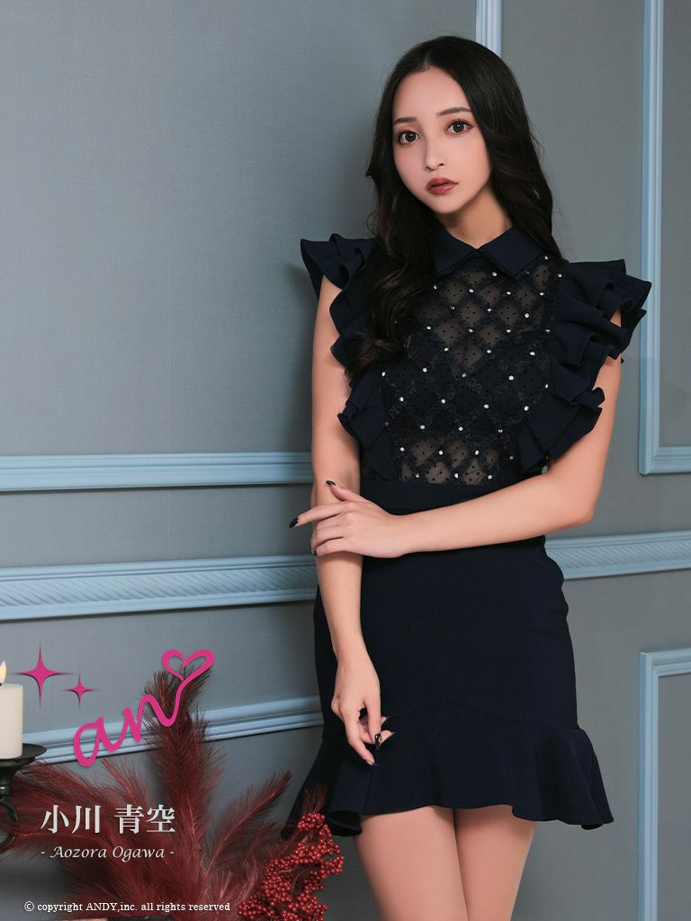 キャバドレス ミニドレス [an/アン] 高級襟付きデコルテシースルービジューウエスト切替フリルノースリーブタイトミニドレス