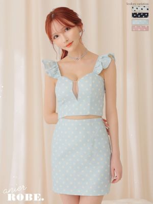 キャバドレス ミニドレス [anier.ROBE/アニエルローブ] 高級キャミソールドット柄スクエアネックフリルセットアップタイトミニドレス
