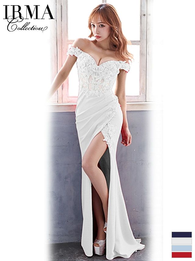 キャバドレス　ミニドレス [IRMA/イルマ] 高級立体フラワー刺繍バックスピンドルスリットドレープオフショルダータイトロングドレス