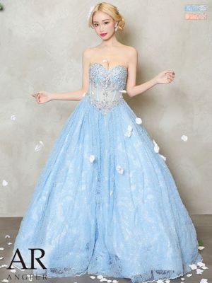 [Angel-R/エンジェルアール] 高級オフショルダーフラワー刺繍ビジューウエストシースルーAラインロングドレス