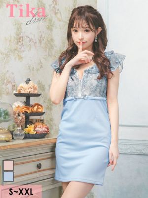 フリル袖 フラワーレース フロントジップ ウエストベルト 半袖 タイトミニドレス (Sサイズ～XXLサイズ) (聖菜/キャバドレス着用)