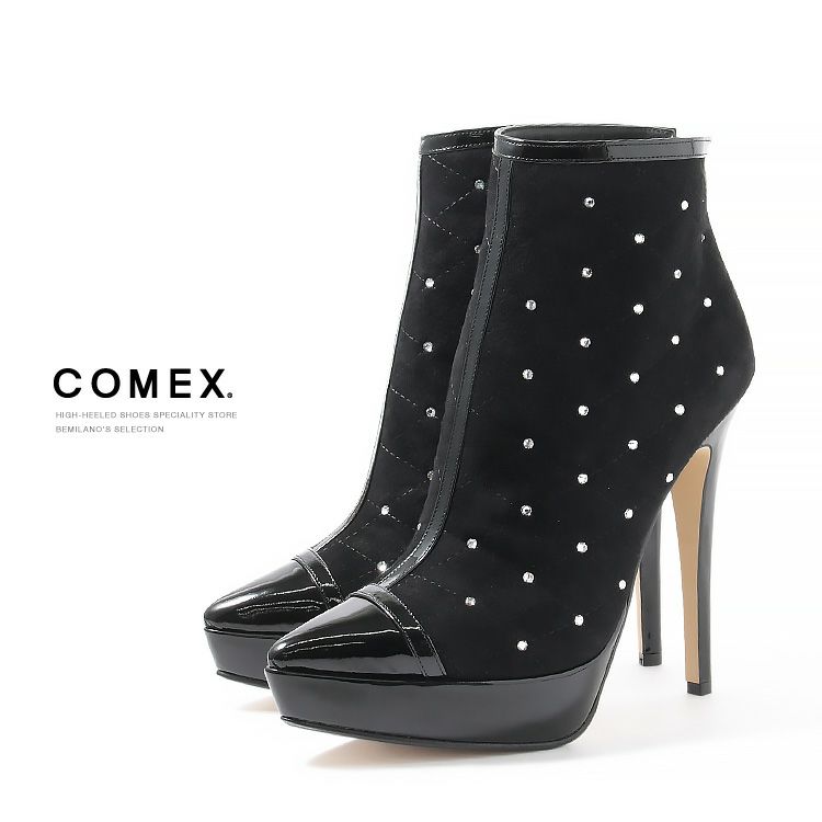 キャバヒール キャバ嬢 靴 ラインストーンキルティングポインテッドトゥショートブーツ