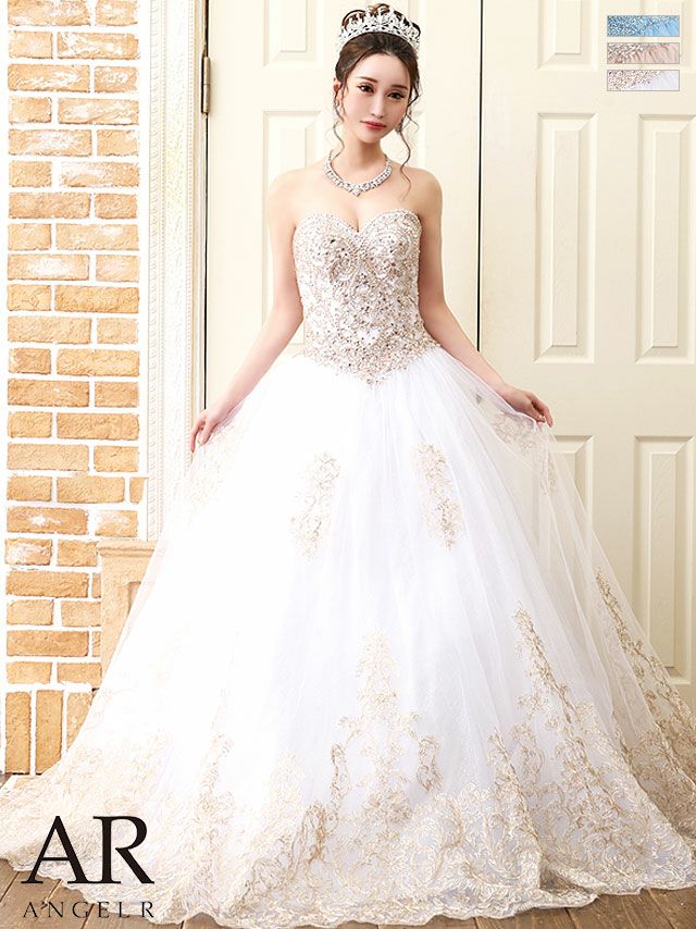 キャバドレス ロングドレス [Angel-R/エンジェルアール] 高級アッパービジュー刺繍レースオフショルボリュームチュールAラインロングドレス