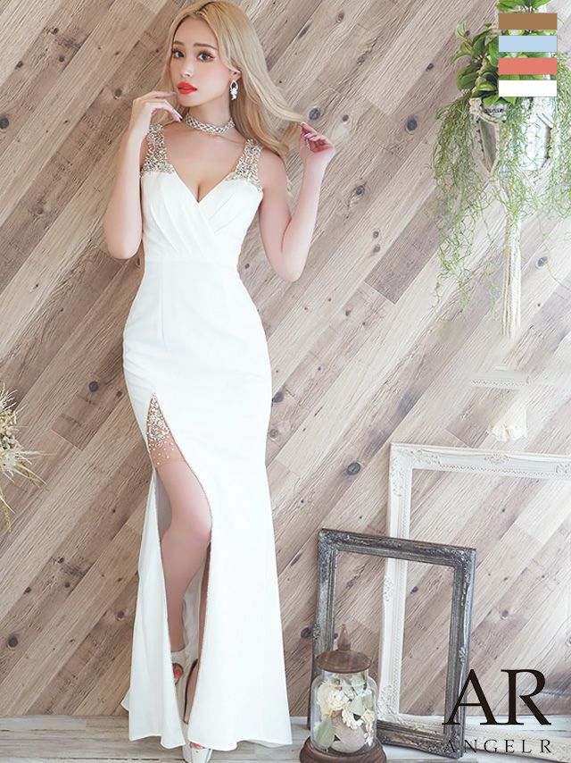 キャバドレス ロングドレス [Angel-R/エンジェルアール] 高級ノースリーブホルターネックビジューパールホルターネックタイトロングドレス