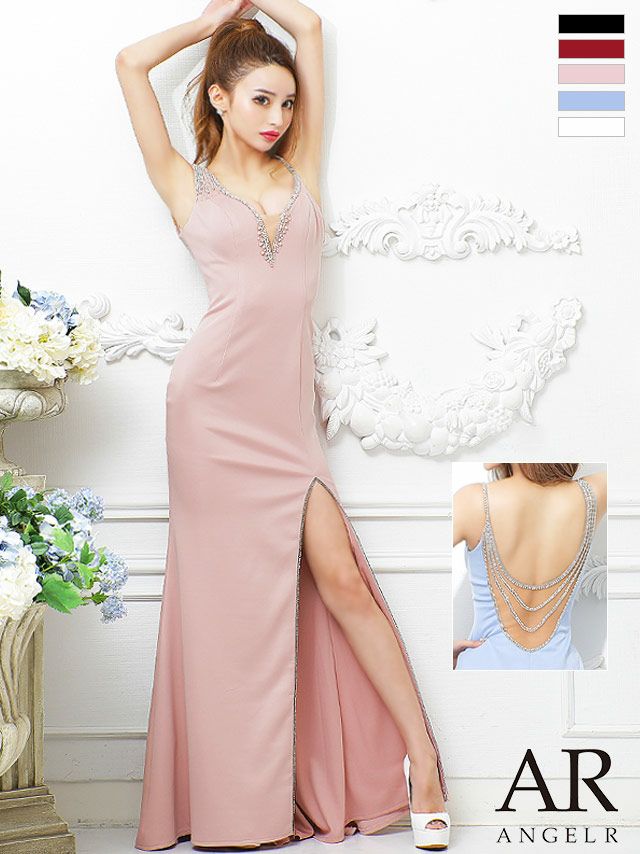 キャバドレス ロングドレス [Angel-R/エンジェルアール] 高級Vネックキャミソールバックビジュースリットタイトロングドレス