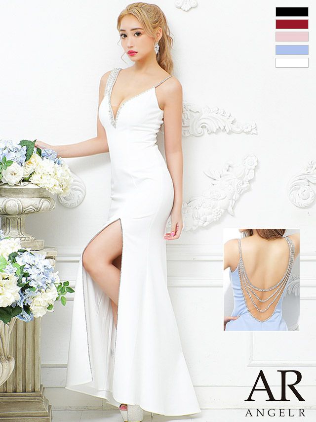 キャバドレス　ロングドレス [Angel-R/エンジェルアール] 高級Vネックキャミソールバックビジュースリットタイトロングドレス