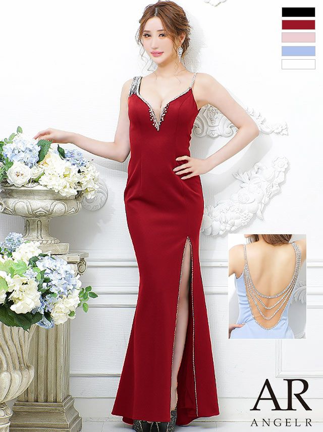 キャバドレス ロングドレス [Angel-R/エンジェルアール] 高級Vネックキャミソールバックビジュースリットタイトロングドレス