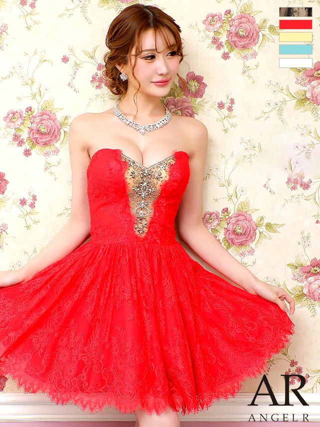 キャバドレス ミニドレス [Angel-R/エンジェルアール] 高級総レース×デザインビジューベアトップフレアミニドレス