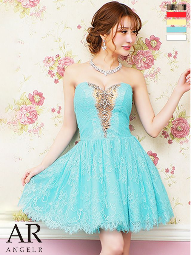 キャバドレス ミニドレス [Angel-R/エンジェルアール] 高級総レース×デザインビジューベアトップフレアミニドレス