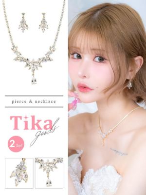 リーフ マーキスカット ビジュー アクセサリー 2点セット [ネックレス＋ピアス]