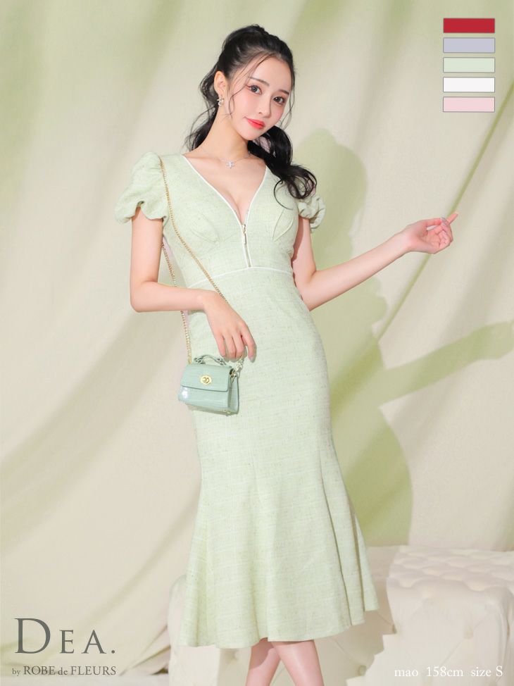 キャバドレス 膝丈ドレス [DEA.byROBEdeFLEURS/ディアバイローブドフルール] 高級フロントジップ半袖パフスリーブ膝丈ワンピースドレス