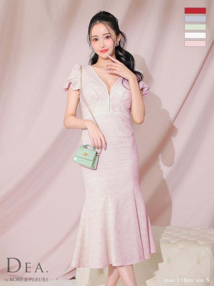 キャバドレス 膝丈ドレス [DEA.byROBEdeFLEURS/ディアバイローブドフルール] 高級フロントジップ半袖パフスリーブ膝丈ワンピースドレス