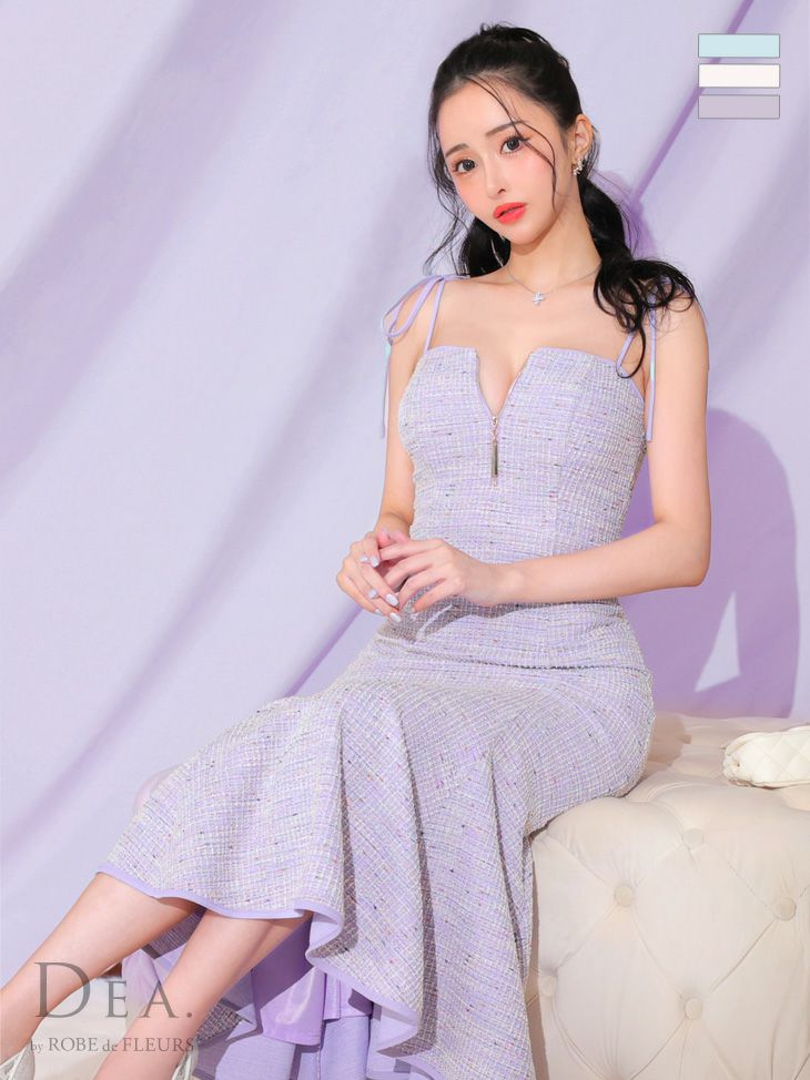 キャバドレス 膝丈ドレス　[DEA.byROBEdeFLEURS/ディアバイローブドフルール] 高級リボンキャミソールフロントジップニットツイードフレア膝丈ドレス